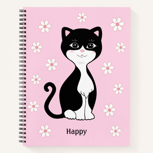 Cute Tuxedo Cat & Flowers on Light Pink Notebook (Front)