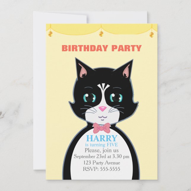 Cute Tuxedo Cat Kids Birthday Party Invitation (Front)