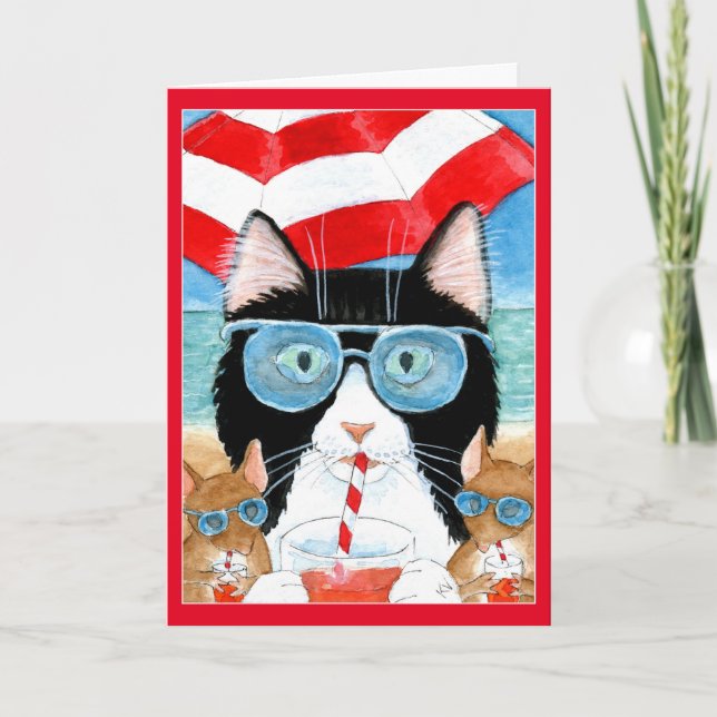 Cute tuxedo cat mouse beach vacation holiday card (Front)