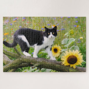Cute tuxedo cat on a tree branch with sunflowers - jigsaw puzzle