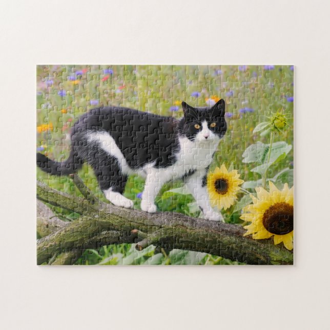 Cute tuxedo cat on a tree branch with sunflowers jigsaw puzzle (Horizontal)