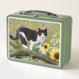 Cute tuxedo cat on a tree branch with sunflowers - metal lunch box