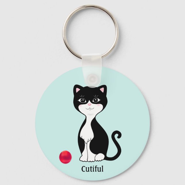 Cute Tuxedo Cat on Light Blue Key Ring (Front)
