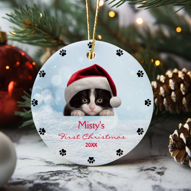 Cute Tuxedo Cat Paw Print Personalised  Ceramic Tree Decoration (Creator Uploaded)