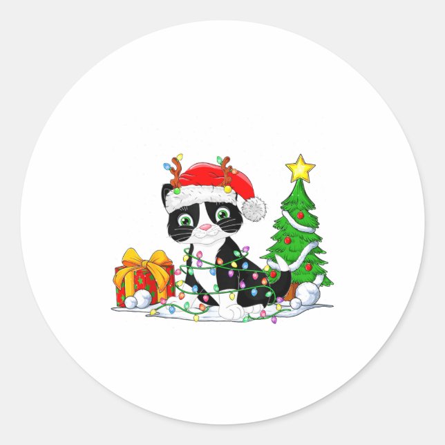 Cute Tuxedo Cat Santa Christmas Tree Lights Xmas T Classic Round Sticker (Front)