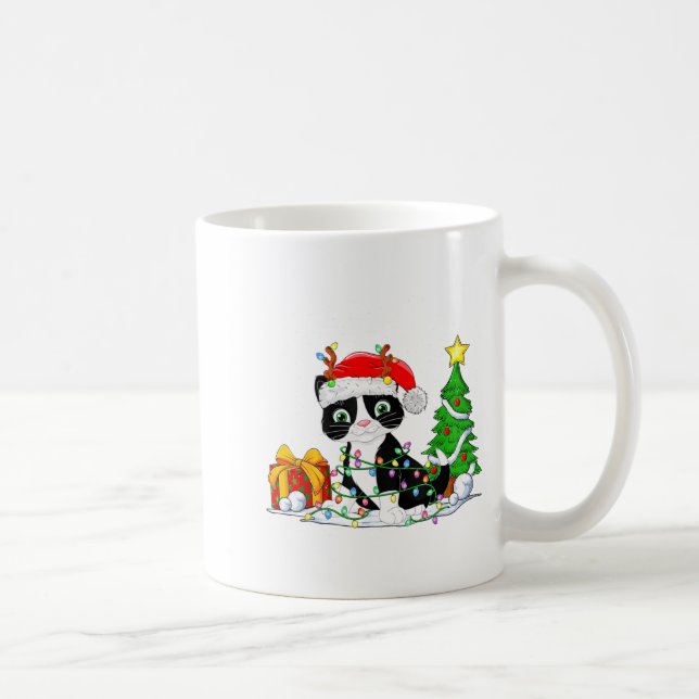 Cute Tuxedo Cat Santa Christmas Tree Lights Xmas T Coffee Mug (Right)