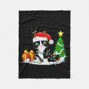 Cute Tuxedo Cat Santa Christmas Tree Lights Xmas T Fleece Blanket