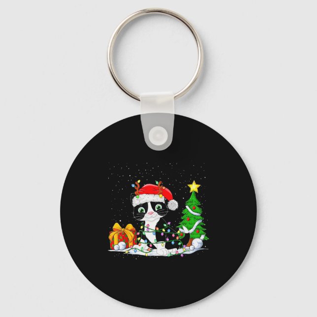 Cute Tuxedo Cat Santa Christmas Tree Lights Xmas T Key Ring (Front)