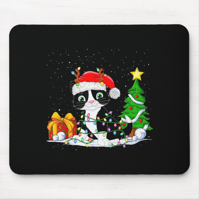 Cute Tuxedo Cat Santa Christmas Tree Lights Xmas T Mouse Mat (Front)