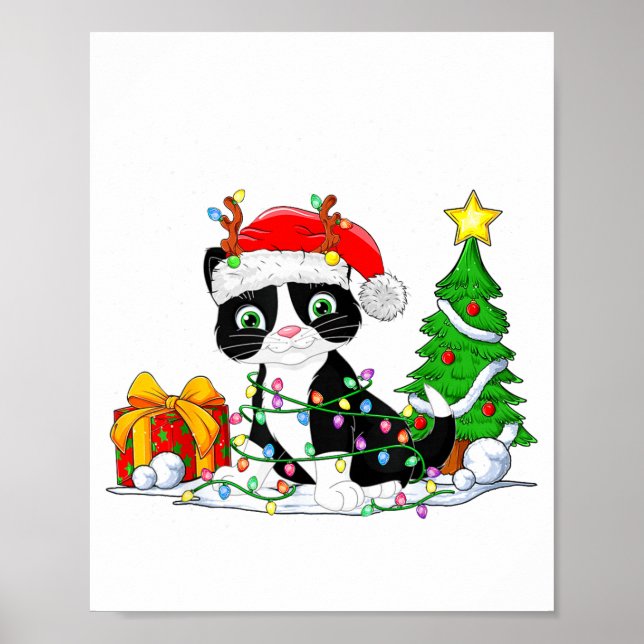Cute Tuxedo Cat Santa Christmas Tree Lights Xmas T Poster (Front)
