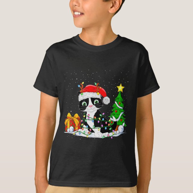 Cute Tuxedo Cat Santa Christmas Tree Lights Xmas T T-Shirt (Front)