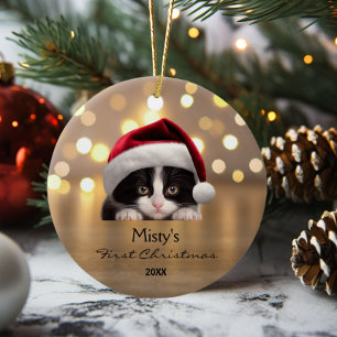 Cute Tuxedo Cat Santa Hat Gold Personalized  Ceramic Tree Decoration