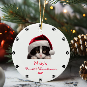 Cute Tuxedo Cat Santa Hat Paw Print Personalised  Ceramic Tree Decoration