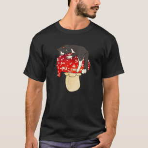 Cute Tuxedo Cat Sleeping on Red Spotted Mushroom T-Shirt