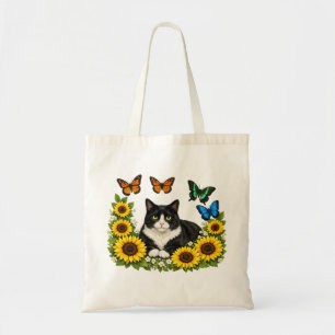 Cute Tuxedo Cat Sunflower Wreath Portrait Tote Bag