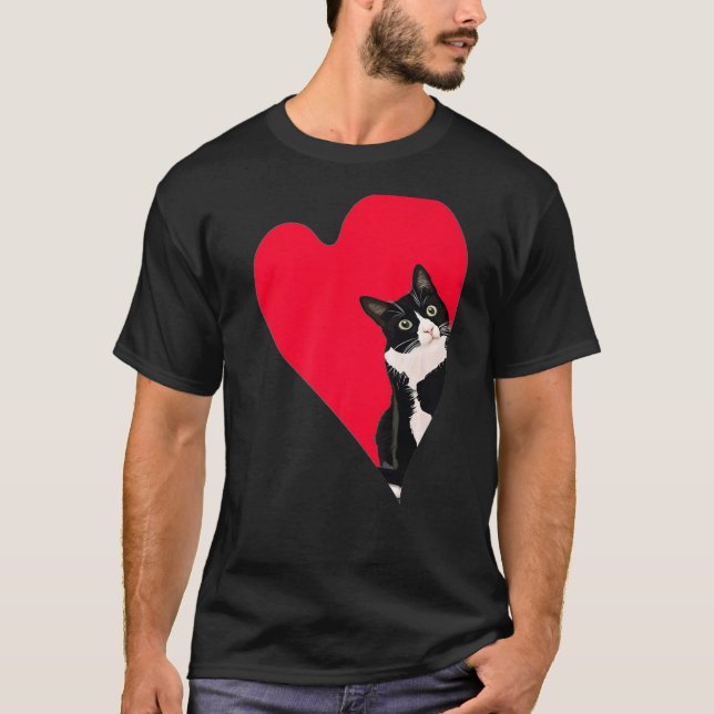 Cute Tuxedo Cat Valentine Heart For Kitten And Ani T-Shirt (Front)