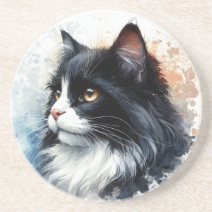 Cute Tuxedo Cat Watercolor Art Coaster