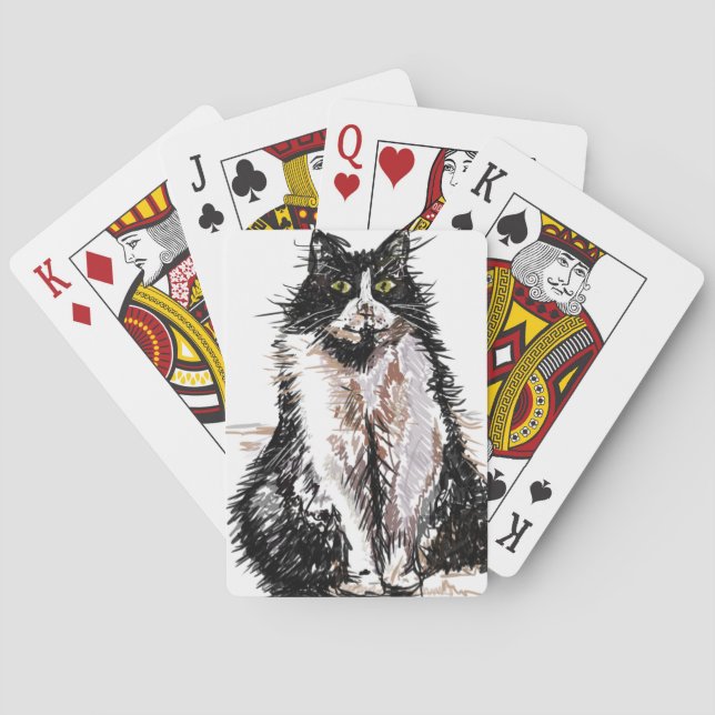 Cute Tuxedo cat Watercolor Playing Cards Set (Back)