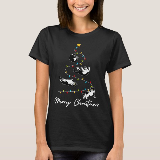 Cute Tuxedo Cats Christmas Tree Lights Owner Cat L T-Shirt (Front)