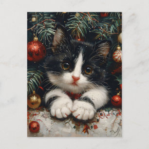 Cute Tuxedo Kitten Christmas Cat Art Postcard