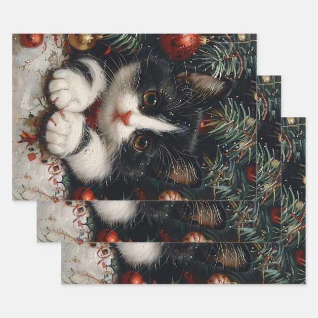 Cute Tuxedo Kitten Christmas Cat Art Wrapping Paper Sheet (Set)