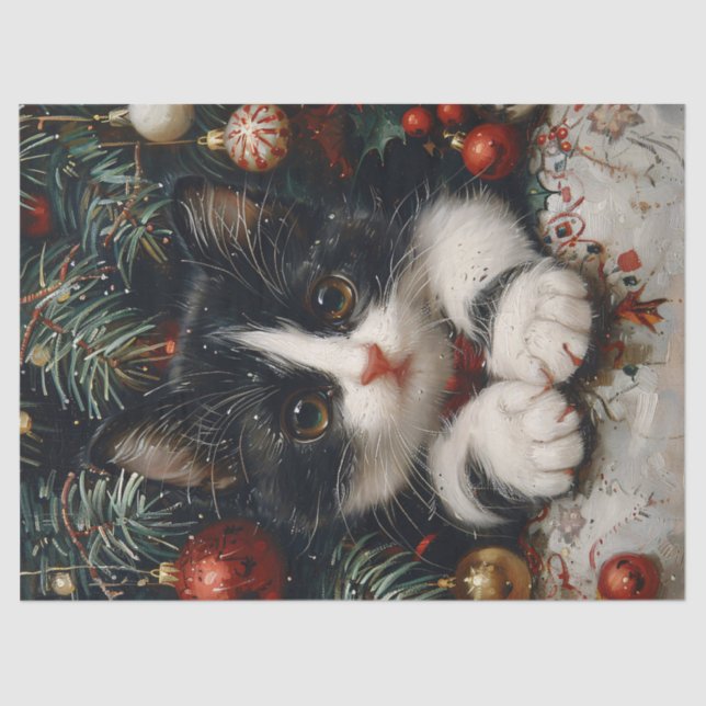 Cute Tuxedo Kitten Christmas Cat Decoupage Tissue Paper (Front)