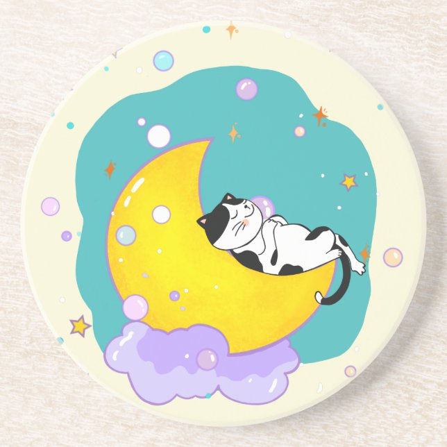 Cute Tuxedo Kitty Cat Sleeping On Moon Coaster (Front)