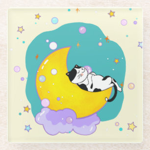 Cute Tuxedo Kitty Cat Sleeping On Moon Glass Coaster