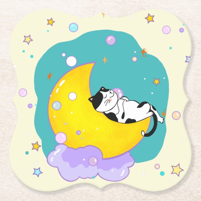 Cute Tuxedo Kitty Cat Sleeping On Moon Paper Coaster (Front)