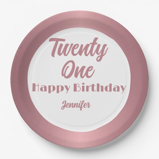 Cute Twenty One  Rose Gold  Script Happy Birthday  Paper Plate (Front)