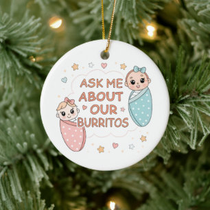 Cute Twin Baby Burrito Announcement Illustration Ceramic Tree Decoration