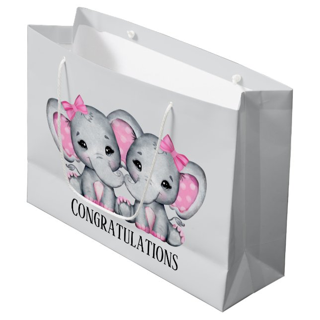 cute twin baby girl elephant add text large gift bag (Front Angled)