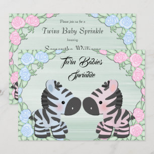 Cute Twin Baby Zebras & Flowers Baby Sprinkle Invitation