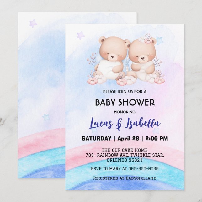 Cute twin bear star balloon baby shower party invitation (Front/Back)