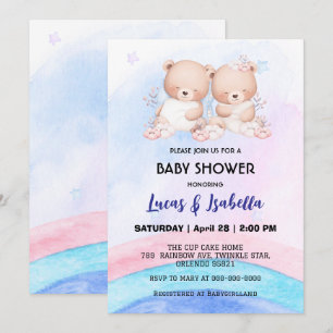 Cute twin bear star balloon baby shower party invitation