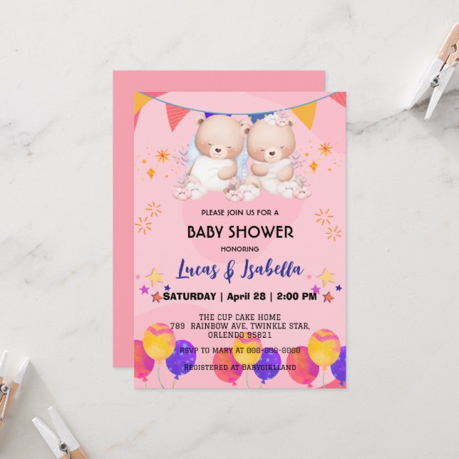 Cute twin bear star balloon baby shower party invitation (Front/Back In Situ)