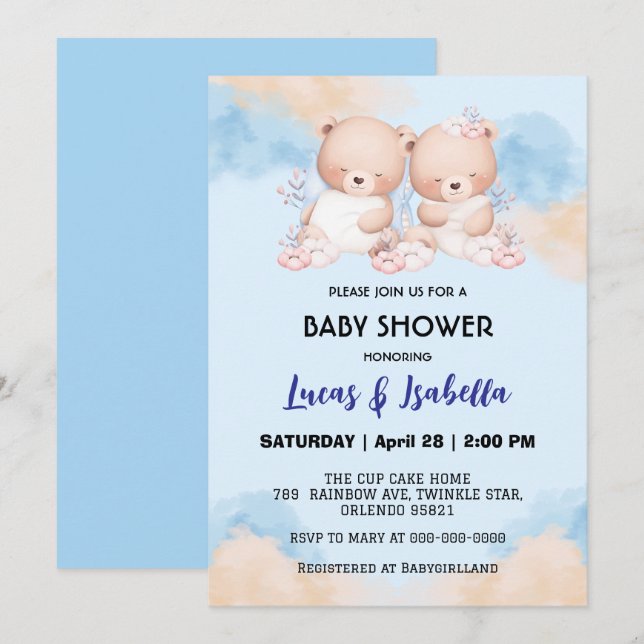 Cute twin bear star balloon baby shower party invitation (Front/Back)