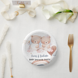 Cute twin bear star balloon baby shower party paper plate