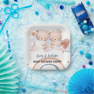 Cute twin bear star balloon baby shower party paper plate