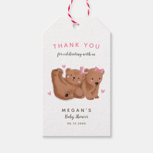 Cute Twin Bears Girls Baby Shower Thank You  Gift Tags (Front)