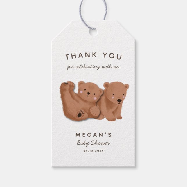 Cute Twin Bears Theme Baby Shower Thank You Gift Tags (Front)