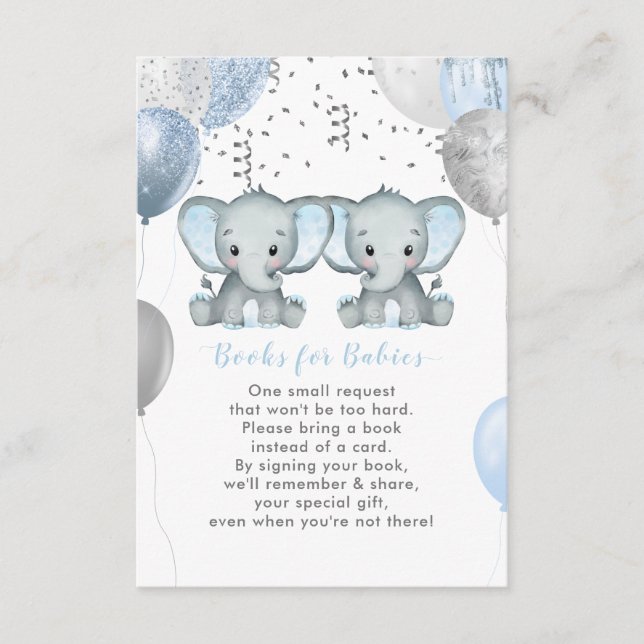 Cute Twin Boy Elephant Balloons Books for Babies Enclosure Card (Front)