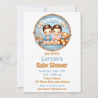 Cute Twin Boys Baby Shower Watercolor Teddy Bear Invitation