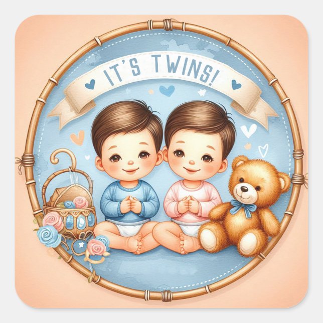 Cute Twin Boys Baby Shower Watercolor Teddy Bear Square Sticker (Front)