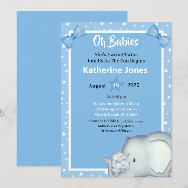 Cute Twin Boys Elephant Baby Shower Invitations (Front/Back)