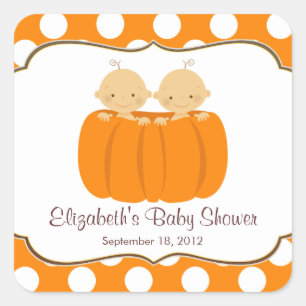 Cute Twin Boys Pumpkin Baby Shower Square Sticker! Sticker