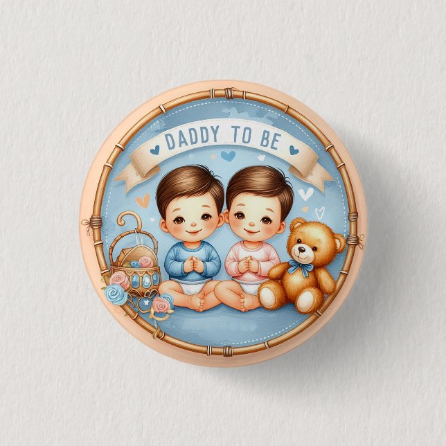 Cute Twin Boys's Baby Shower Daddy To Be 3 Cm Round Badge (Front)