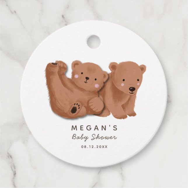 Cute Twin Brown Bear Baby Shower Favour Tags (Front)
