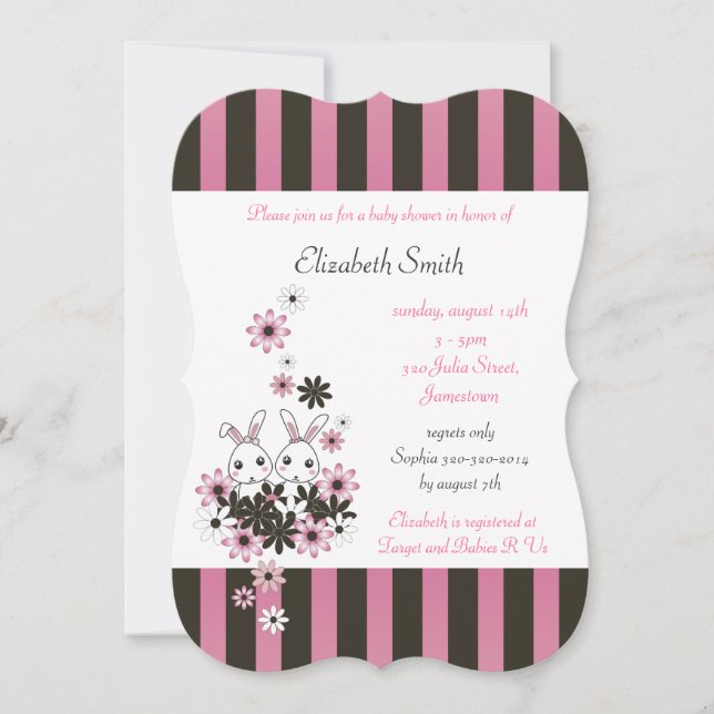 Cute Twin Bunny Pink and Black Girl Baby Shower Invitation (Front)