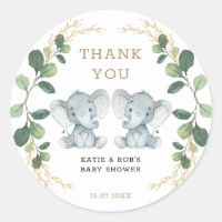 Cute Twin Elephant Babies Greenery Gold Foliage